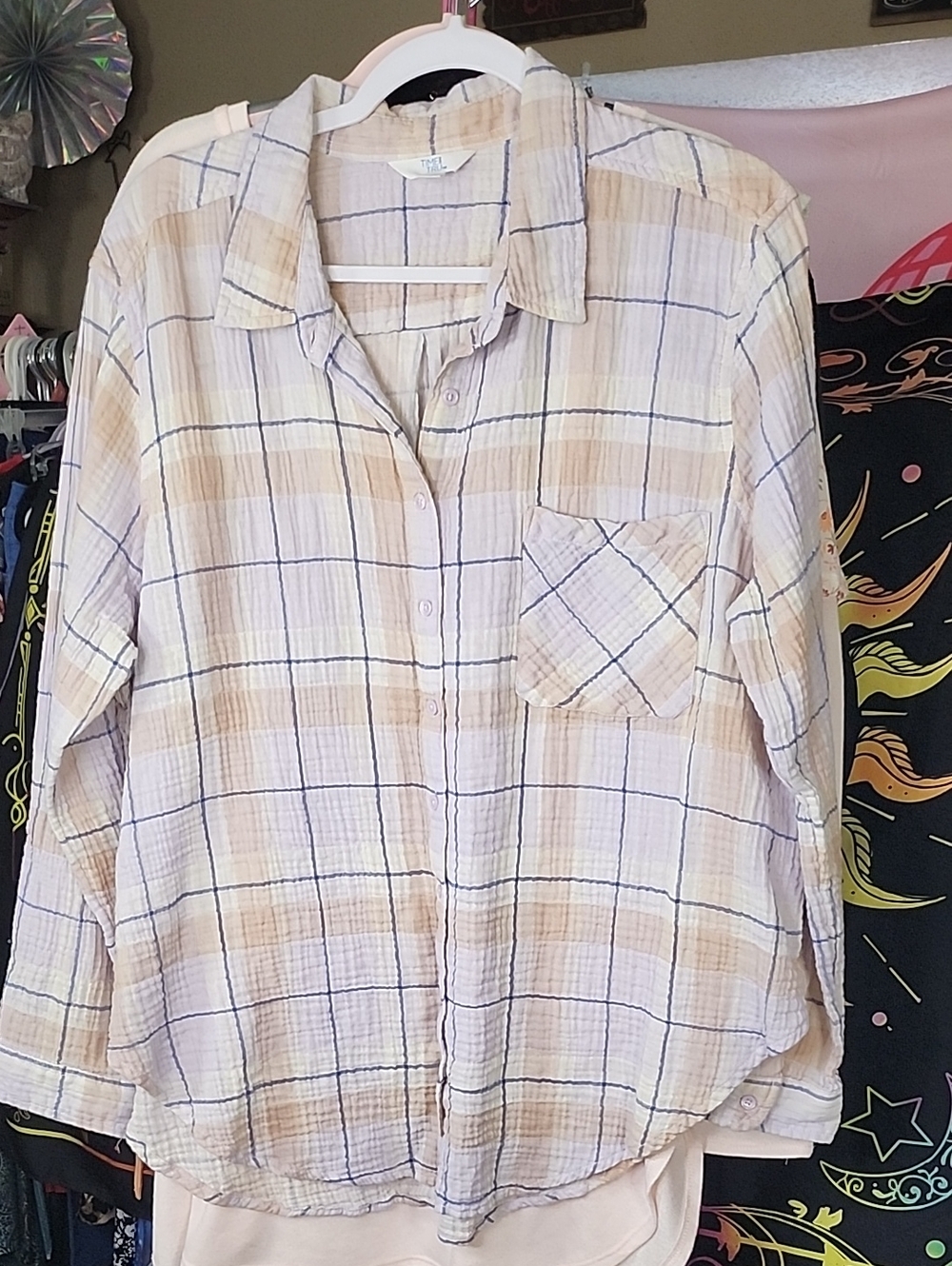 Time and Tru Beige, Lavender and Navy Plaid Button-Down Shirt 26ptp